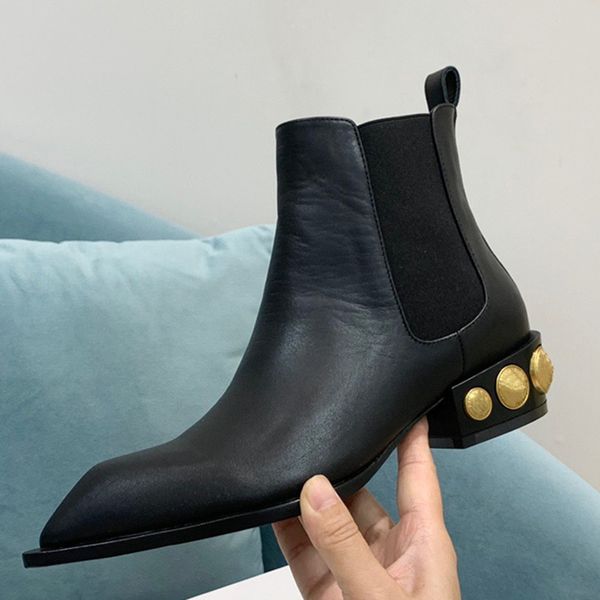 

womens autumn winter 2022 fashion boots studded ankle chelsea slip on elegant shoes genuine leather low block heel, Black