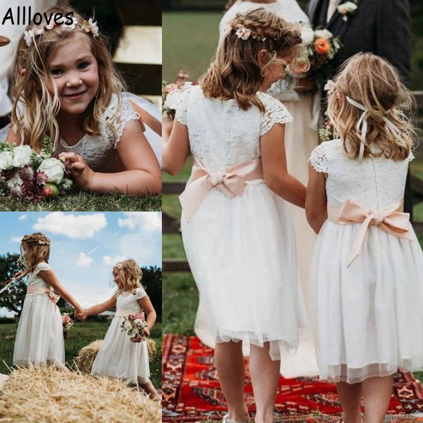 

cute simple boho wedding flower girl dresses lace short sleeves with bow belt little girl' infant first communion birthday gowns knee, White;blue