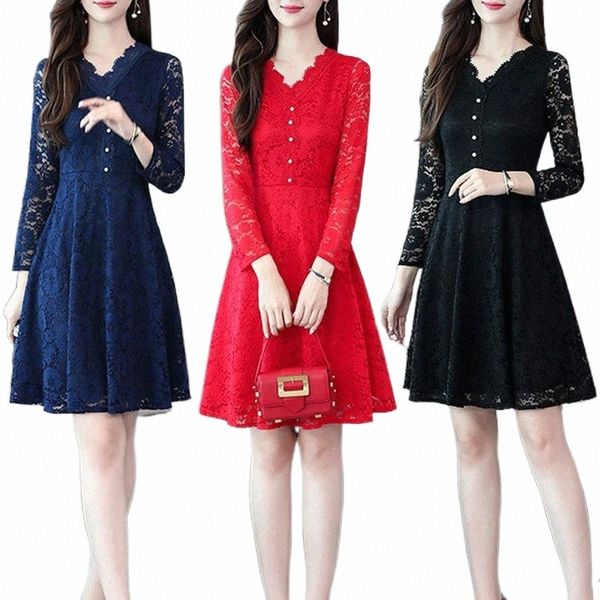 

casual dresses 2021 autumn women long sleeve lace dress high waist midi plus size red black party female vestidos robe u0f9#, Black;gray