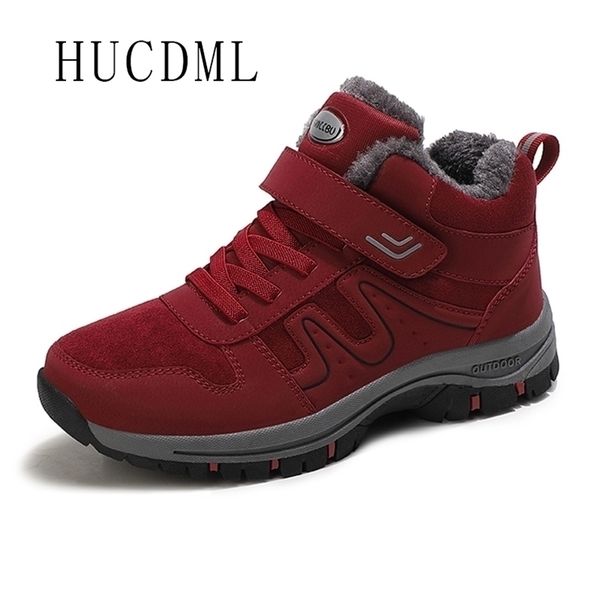 

boots hucdml women waterproof winter shoes men snow keep warm ankle couple rubber sole hiking 220913, Black