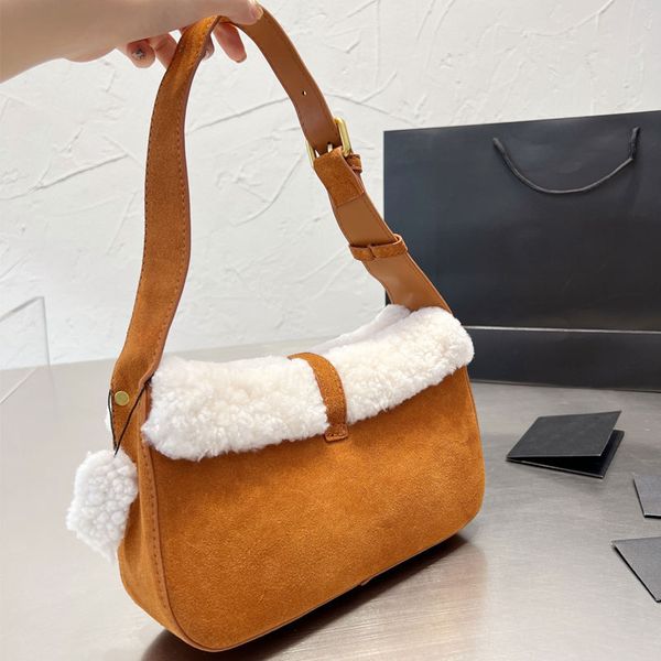

armpit shoulder bag handbags purse fashion lamb hair cow leather splicing crossbody bags gold metal letter hasp cell phone pocket adjustable