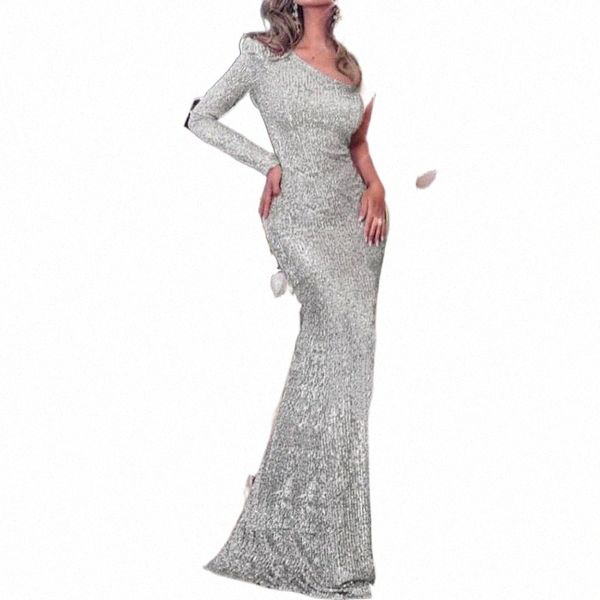 

casual dresses silver one shoulder strapless stretchy sequin party dress floor length lining zipper bodycon elegant club green q2o0#, Black;gray