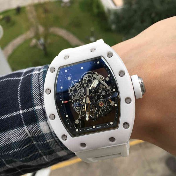 

business leisure men's automatic mechanical watch white ceramic hollow tape tide luminous fashion atmospheric movement, Slivery;brown