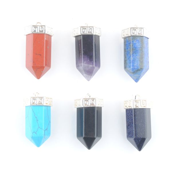 

natural stone pendants bullet hexagonal point pendulum column reiki healing chakra blue sand lapis lazuli bn473, Silver