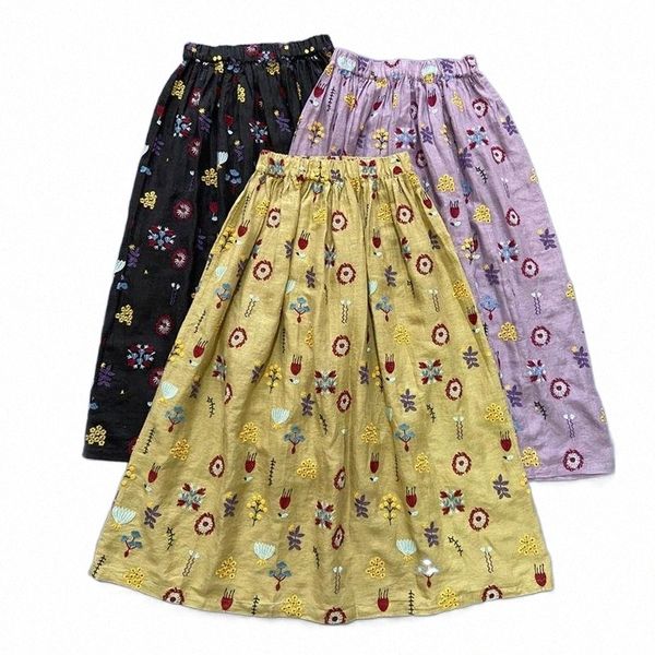 

skirts johnature 2021 summer vintage linen embroidery print women japanese 3 colors loose elastic wasit k509#, Black