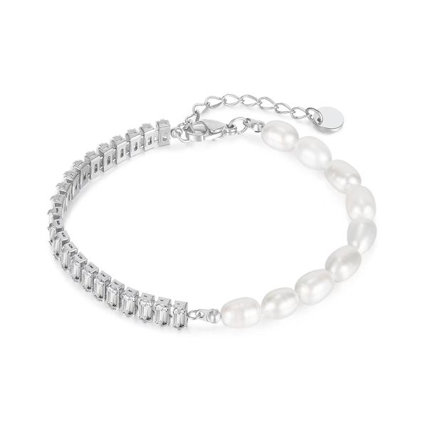 

natural pearl zircon titanium steel combination bracelet cool european and american style fashion has personality gift for women jewelry, Golden;silver