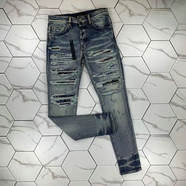 

hm586-2 hig quality mens jeans distressed motorcycle biker jean rock skinny slim ripped hole stripe fashionable snake embroidery denim pants, Blue