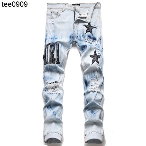 

european men's jeans with holes embroidered pentagram trend elastic slim fit pants versatile men's pants, Blue