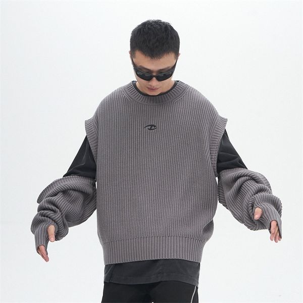 

mens sweaters catsstac 22aw vibe style removable sleeves crew neck sweater mens high street fashion casual streetwear wear 220914, White;black