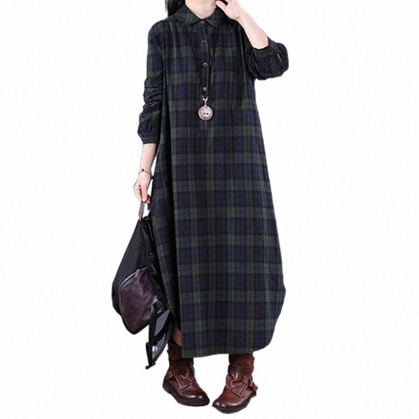 

casual dresses women's long sleeve cotton vintage female clothing big sizes vestidos loose print plaid ladies dress 2021 autumn#9809 v9, Black;gray