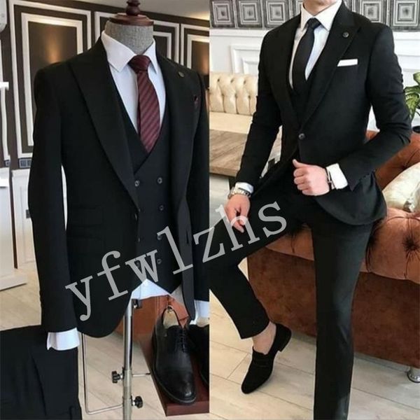 

wedding tuxedos one button men suits groomsmen peak lapel groom tuxedos wedding/prom man blazer jacket pants vest tie w1092, Black;gray