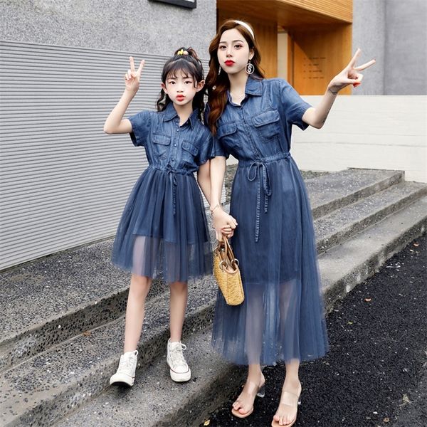 

family matching outfits baby girl denim mesh dress summer mother and daughter family matching outfits blue ties ball gown kids holiday fashi