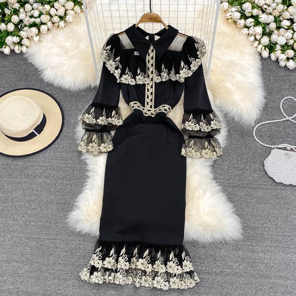 

european vintage elegant and dignified fishtail dress high-end heavy craft embroidery waist closing temperament slim fitting skirt, Black;gray