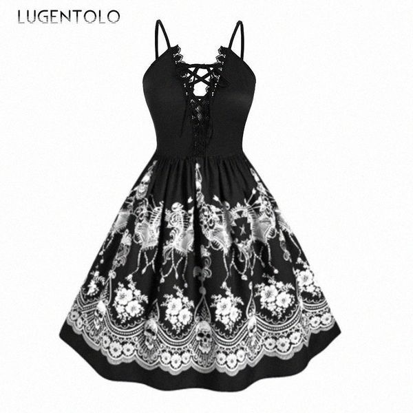 

casual dresses lugentolo women party dress dinner lace vintage sleeveless spaghetti strap elegant slim waist a-line lady short a8hr#, Black;gray