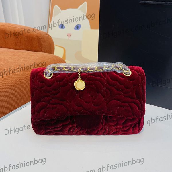 

22ss f/w womens velvet camellia bags classic double flap quilted gold metal hardware matelasse chain shoulder multi pochette designer velour