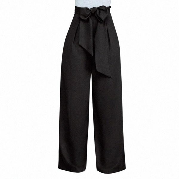 

women's pants & capris plus size european style black white blue wide leg women high waist tie trousers palazzo ol long autumn winter o