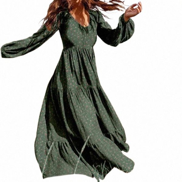 

casual dresses women autumn sundress fashion ruffle maxi dress puff sleeve tunic vestidos floral print robe j9zf#, Black;gray