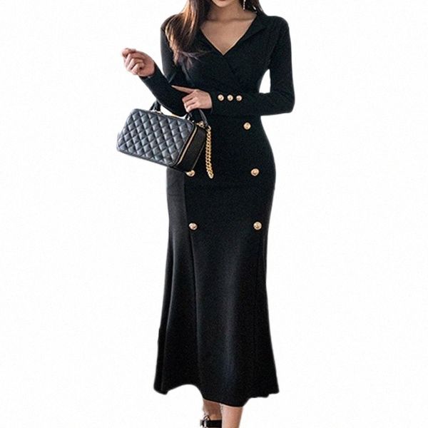 

casual dresses elegant double breasted mermaid dress women autumn sheath office wear black long occupation work bodycon vestidos j1cq#, Black;gray