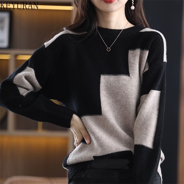 

women's knits tees elegant color matching o-neck sweater women casual long sleeve patchwork knitted jumper autumn female loose pullover, White