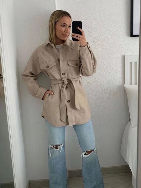 

women s jacket autumn fashion belted faux wool coat vintage long sleeve button up pocket female outerwear chic 220913, Black;brown