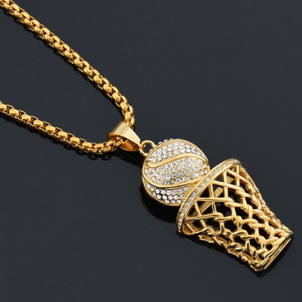 

crystal diamonds basketball hoop pendant basketball necklace long chain stainless steel rock hip hop iced out 14k gold plated men's spo, Silver