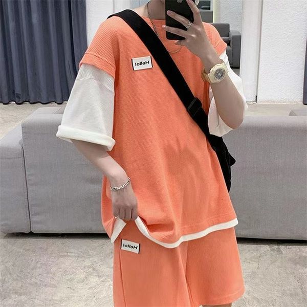 

men's tracksuits men summer two piece loose tracksuit short sleeve oversized fake two t-shirts men shorts set male chic mens outfits jo, Gray