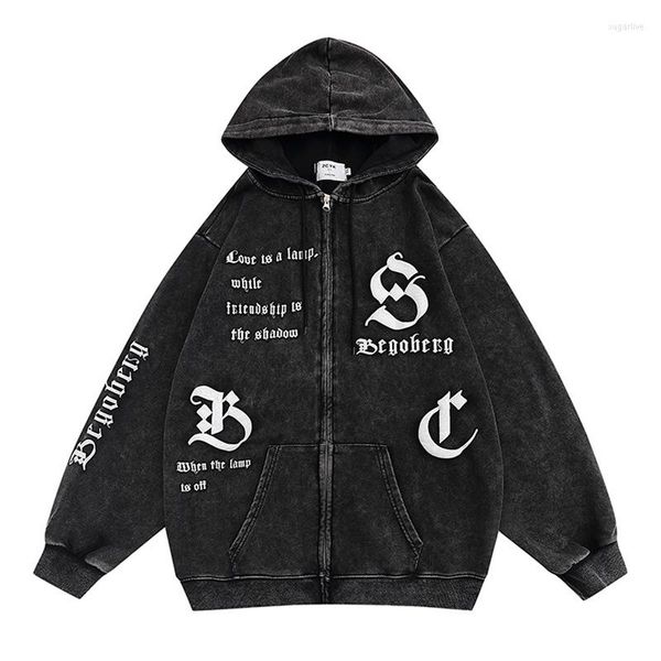 

men's hoodies zipper hooded jacket hip hop streetwear dark gothic alphabet print cardigan coats 2022 men harajuku retro cotton couple, Black