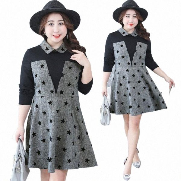 

casual dresses 2021 autumn winter dress plus size women's fashion long-sleeved star lapel stitching elegant office lady vestidos j6k3#, Black;gray