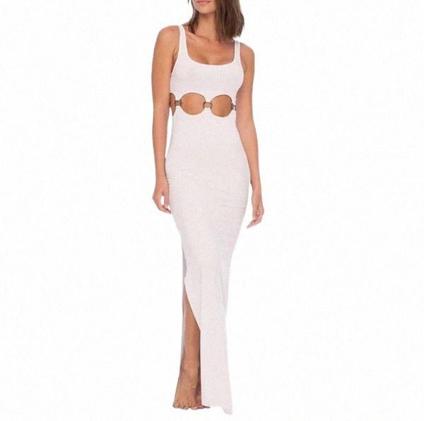 

casual dresses ladies summer solid color suspender skinny dress women fashion hollow out u-neck split long dating wear t7so#, Black;gray