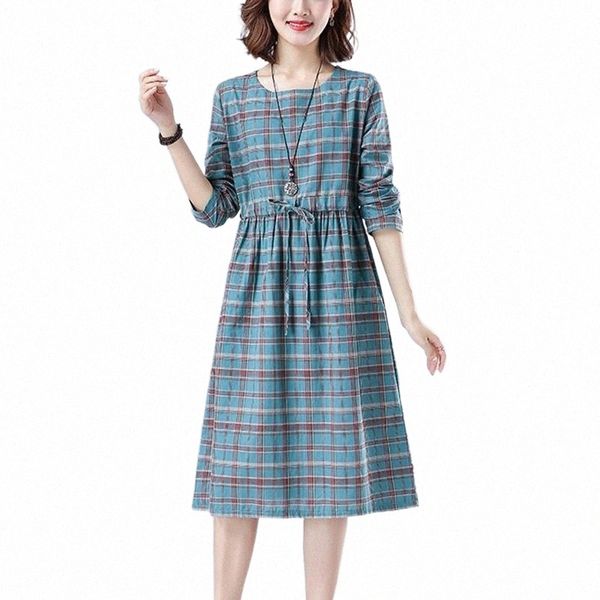 

casual dresses women cotton linen long dress 2021 autumn vintage plaid loose comfortable female sleeve a-line p1492 t3b4#, Black;gray