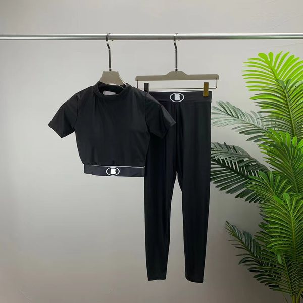 

designer active sets fashion king's yoga workout kit women new workout suit letter webbing cut waist short sleeve t-shirt with chest pa