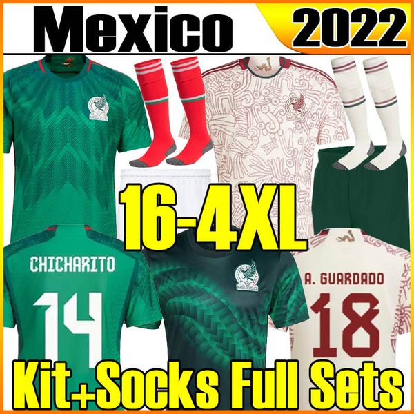 

4xl 2022 mexico soccer jersey world cup player version fans national team 2022 2023 kit socks full sets chicharito lozano guardado raul men, Black;yellow
