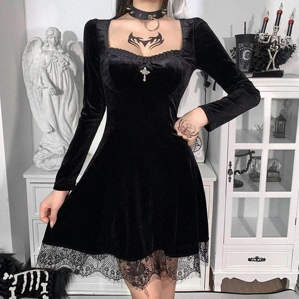 

casual dresses gothic velvet summer mini women vintage punk solid color lace dress harajuku aesthetic elegant party #t3g l2up#, Black;gray