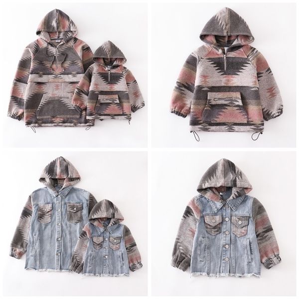 

family matching outfits girlymax fall/winter long sleeve baby girls mommy me plaid denim jacket hoodie clothes children boutique kids clothi, Blue