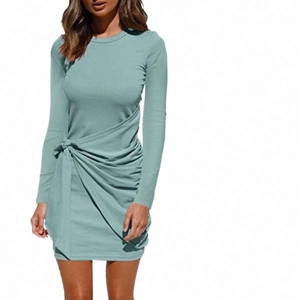 

casual dresses women's long sleeve crew neck t shirt dress tie waist ruched bodycon mini g8s4#, Black;gray
