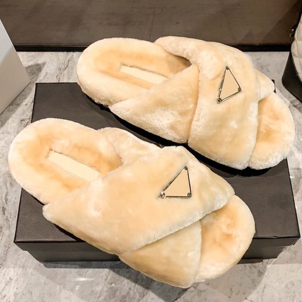

explosive cross small logo triangle plush slippers thick bottom autumn winter season classic fashion warm comfortable indoor outdoor well kn, Black