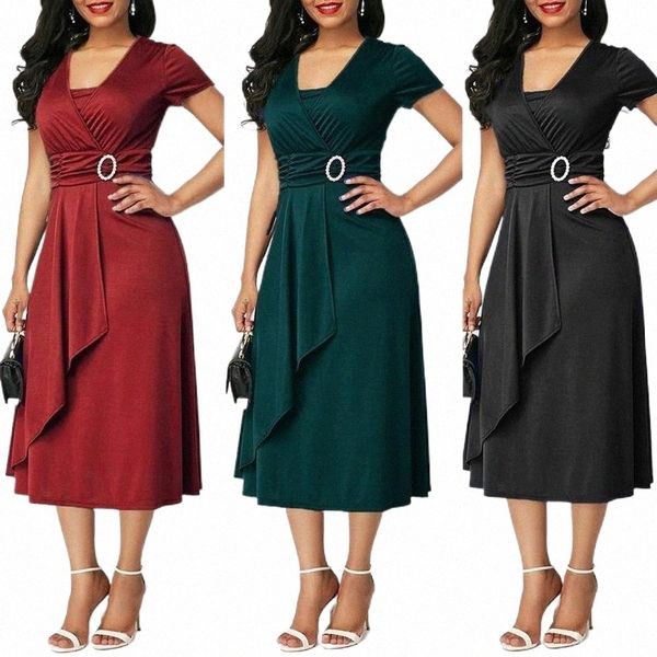 

casual dresses arrival fashion plus size dress women short sleeve asymmetric hem waist tight large swing midi evening party k9g1#, Black;gray