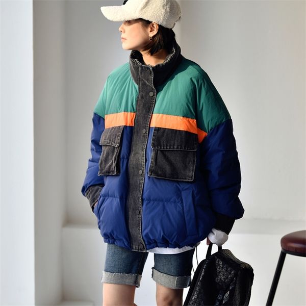 

womens down parkas micoco y2131c korean casual neutral stitching color cowboy stitching loose standing collar white duck down down jacket 22, Black