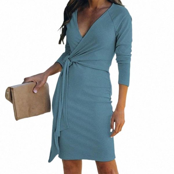 

casual dresses autumn elegant women dress ribbing deep v neck spring solid color long sleeve lace-up party for office ladies streetwear s858, Black;gray