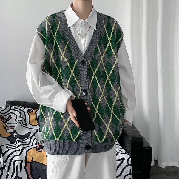 

men s sweaters large size plaid vest fashion retro casual knitted loose sleeveless s jumper 220914, White;black