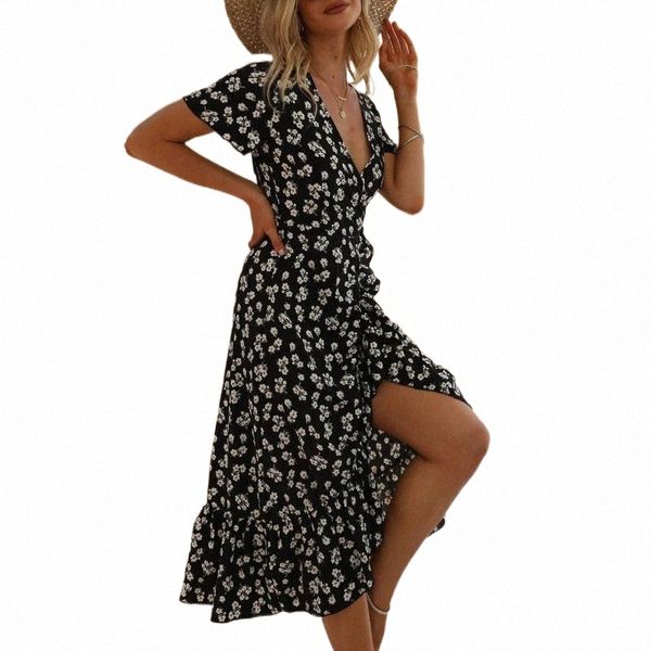 

casual dresses floral print dress bohemian printed v-neck short sleeve vintage ruffle split loose midi for women 20 b1fo#, Black;gray