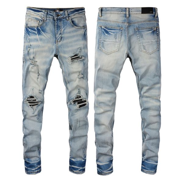 

2021 mens jeans distressed motorcycle biker jean rock skinny slim ripped hole letter uality brand hip hop denim pants 848, Blue