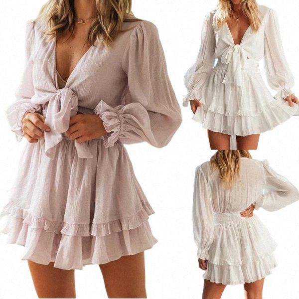 

casual dresses women's v-neck hollow out long sleeve solid bow dress summer fashion lace ladies retro bohemian thin section f3ht#, Black;gray