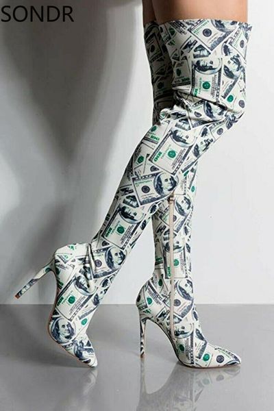 

boots hundret dollar money print women pointed toe thigh high stiletto 220913, Black