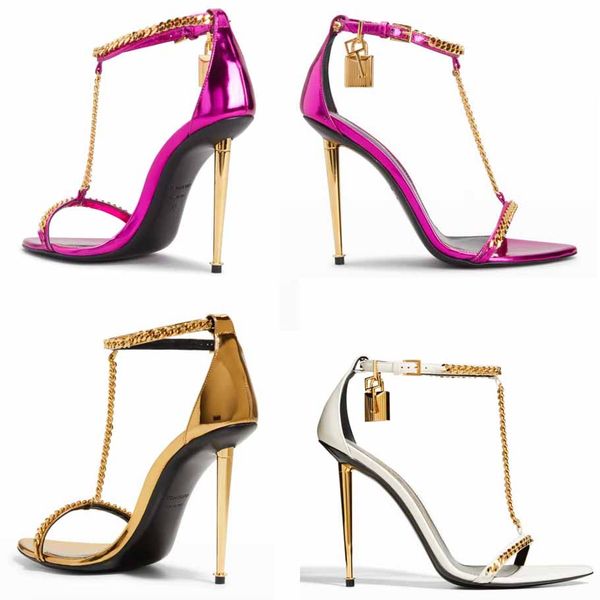 

women high heels sandal shoes tom--sandal mirror padlock t-strap chain leather sandals wedding party dress gold heels with box, Black