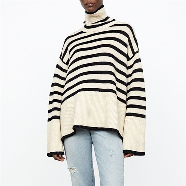 

women's knits tees early autumn women turtleneck sweater pullover hem slit loose stripes long sleeve warm female retro jumper 220914, White