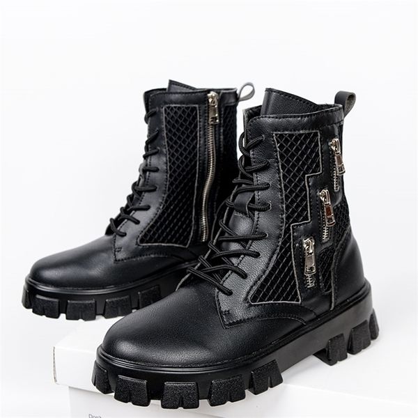 

boots spring autumn black men high zipper platform designer hollow out shoes motorcycle 220913