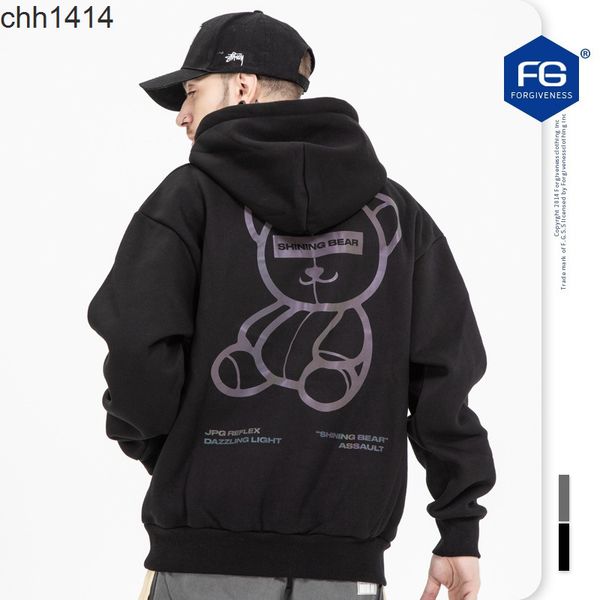 

autumn and winter new guochaogao street reflective bear print loose hoodie for men and women, Black