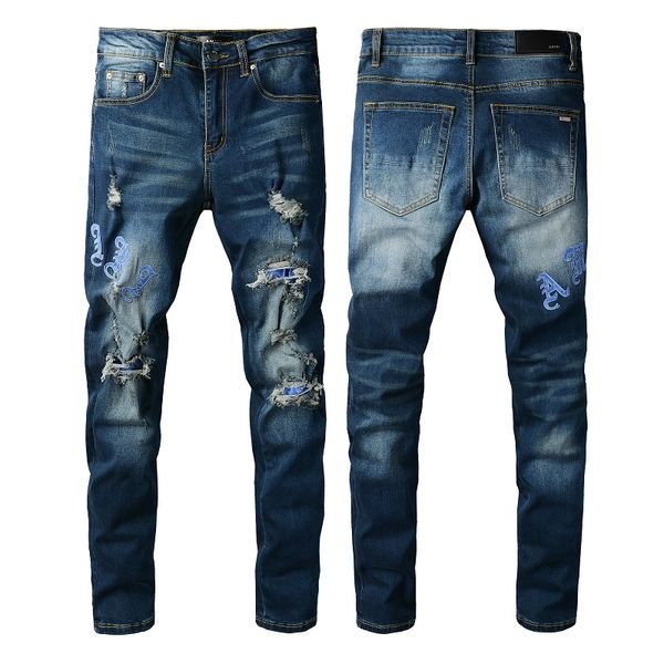 

2021 mens jeans distressed motorcycle biker jean rock skinny slim ripped hole letter uality brand hip hop denim pants 838, Blue