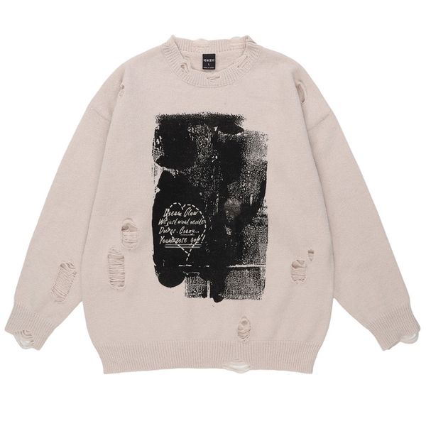 

men s sweaters splash ink print ripped knitted sweater oversize high street round neck pullover harajuku retro distressed black knitwear 220, White;black